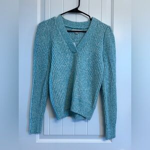 Women's Blue V-Neck Puff Sleeve petite  Sweater
